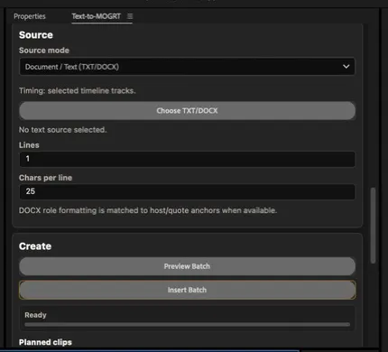 Text-to-MOGRT Document and Text source mode with Choose TXT or DOCX, Lines, Chars per line, Preview Batch, and Insert Batch controls